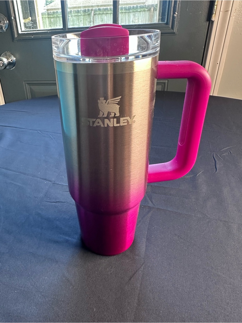 Stanley Stainless Steel Travel Mug with Pink Handle and Pink Base